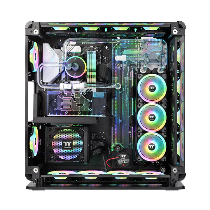 Cam panelli Thermaltake kasa içinde siyah örgülü TtMod kablolarla tamamlanmış sistem